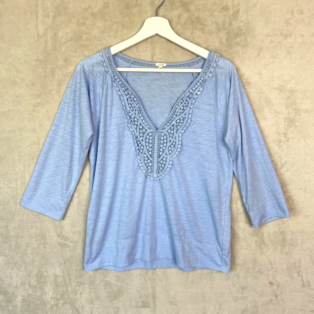J.Crew M Blue Boho Top Crochet Lace Lined Blouse Bobble Trim Peasant‎ Style